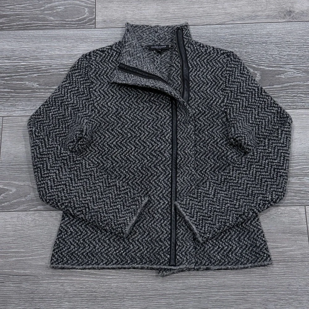Eileen Fisher Wool Alpaca Herringbone Moto Jacket‎ PS Moon Gray Asymmetrical Zip